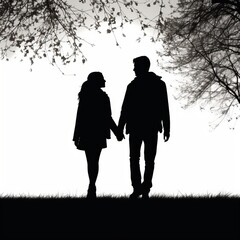girl and guy holding hands silhouette, Generative AI