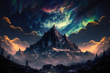 Beautiful celestial sky in dreamy fantasy with bright star in the sky over nature landscape Generative AI - obrazy, fototapety, plakaty
