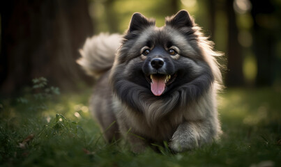 Photo of keeshond, captured in the midst of a lively play session in a lush, green park. image highlights the breed's characteristic thick fur and expressive face with energetic nature. Generative AI