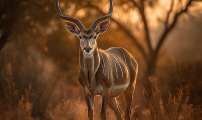 Photo of kudu antelope standing majestically in the golden savanna, with the hot African sun casting warm, golden light over its striking horns and intricate markings. Generative AI