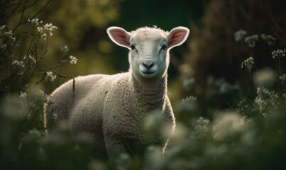 Obraz na płótnie Canvas Photo of Dorset lamb standing confidently in a lush green meadow, composition highlights the lamb's sweet, innocent expression, while also conveying a sense of strength and resilience. Generative AI