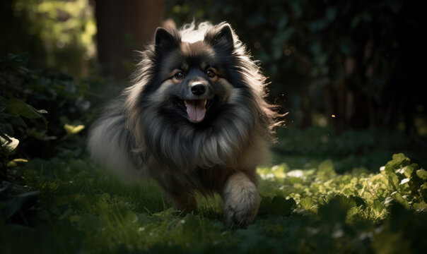 Photo of keeshond, captured in the midst of a lively play session in a lush, green park. image highlights the breed's characteristic thick fur and expressive face with energetic nature. Generative AI
