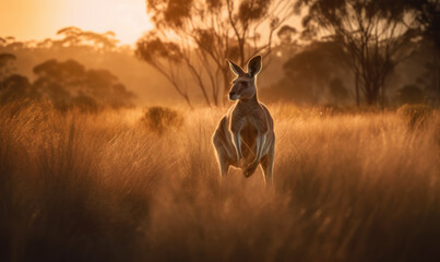 photo of kangaroo in tall grass at sunset. Generative AI - obrazy, fototapety, plakaty