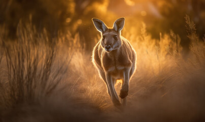 photo of kangaroo jumping in tall grass at sunset. Generative AI
