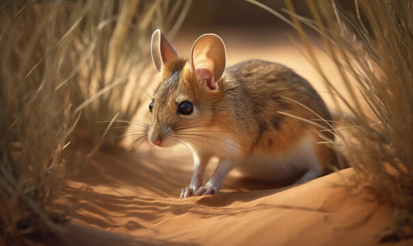 Kangaroo Mouse In Sandy Desert Landscape, Featuring Dunes & Sparse Vegetation, Highlighting Kangaroo Mouse's Natural Habitat. Photograph Captures Soft Fur, Long Tail And Large Hind Legs. Generative AI