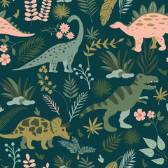 Hand drawn Dinosaurs, leaves and flower seamless pattern © Fardeen_Ehsan