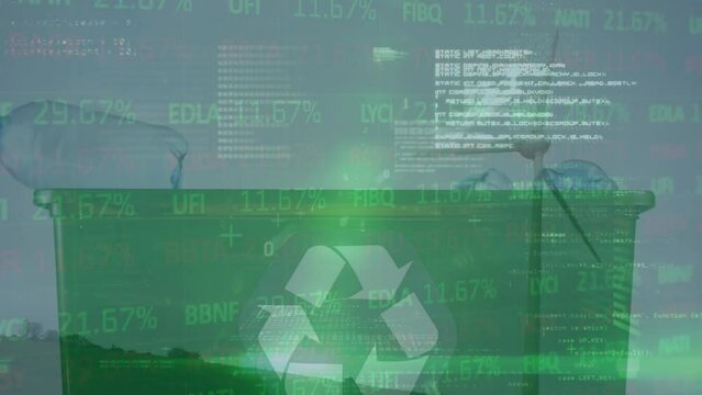 Animation of financial data processing over wind turbine and recycling box