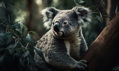 Koala perched on eucalyptus tree branch, surrounded by misty, blue-tinged foliage highlighting every fine detail of koala's fluffy fur & round, fuzzy ears capturing it's adorable nature. Generative AI