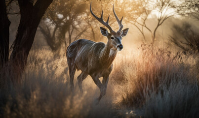 photo of kudu antelope running in tall grass at sunset. Generative AI