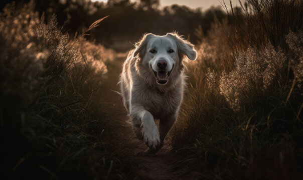 photo of kuvasz dog running happily in tall grass at sunset. Generative AI