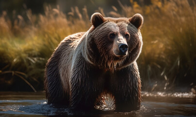 Naklejka na ściany i meble photo of Kodiak bear standing in river. Generative AI