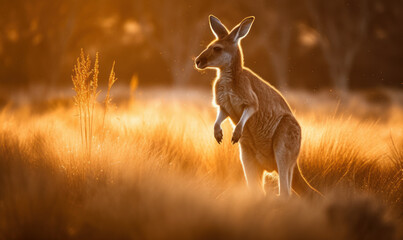 photo of kangaroo in tall grass at sunset. Generative AI