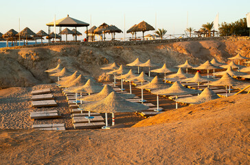 Red Sea Coast. Beach with umbrellas, sun beds and palm trees - 601980991