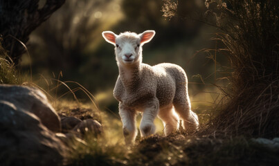 sunrise photo of lamb in its natural habitat. Generative AI