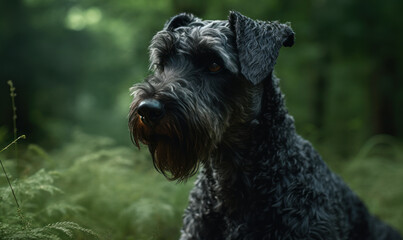 close up photo of Kerry blue terrier on blurry forest background. Generative AI