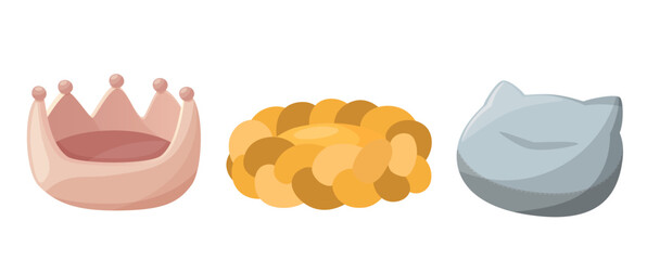 A set of beds for a pet, dog or cat. Flat vector illustration of pet supplies. Objects isolated on white background, cartoon style. Blue, yellow, pink colors