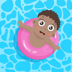 Black child swimming in pool with pink lifebuoy in blue pool water