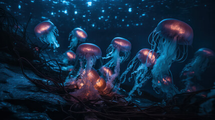Obraz premium Glowing jellyfish swim deep in the blue sea. Jellyfish neon jellyfish fantasy on black background. Generative AI 