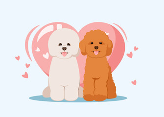 A card with cute dogs. Bichon and a poodle with a heart.