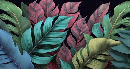 Tropical leaves in green, blue, pink bright color. Seamless border, luxury wallpaper, premium mural. Floral pattern on dark background. Hand-drawn 3d illustration. Modern stylish design, Generative AI