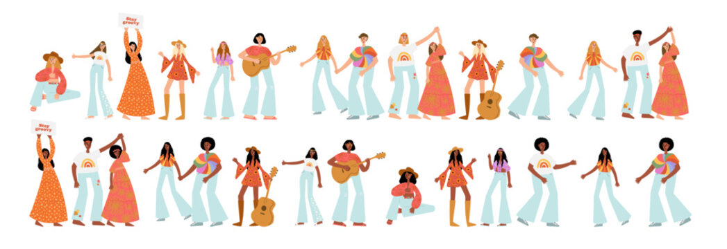 Groovy hippie clipart, People characters set, Young women and men in retro style clothing of 60s and 70s illustration, Multi-ethnic hitchhikers with guitar and luggage on a road trip vector clip art.