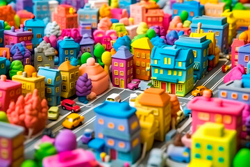 Fototapeta na wymiar plasticine city with houses and cars, generative ai