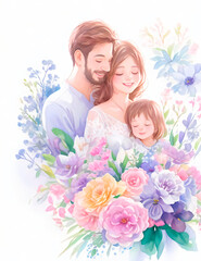 watercolor portrait of a young happy family with a child in flowers, generative ai