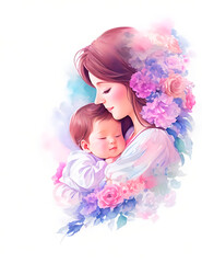 Fototapeta premium watercolor portrait of a young mother with a baby in flowers, generative ai