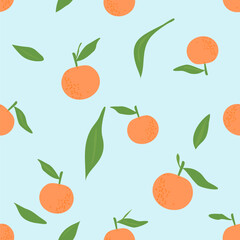 Seamless pattern with orange fruit with green leaves on blue background vector illustration. Cute fruit print.
