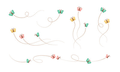 Flying Butterfly trail with dashed line route set. Nature Spring Summer Doodle Illustration Design Element