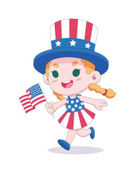 Independence day, cute little girl waving USA flag cartoon illustration