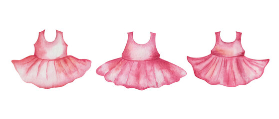 Watercolor illustration. Hand painted pink dress, sleevless t-shirt and fluffy, flared skirt. Woman's clothes. Girl's wardrobe. Feminine clothing. Isolated fashion clip art shop banners, poster