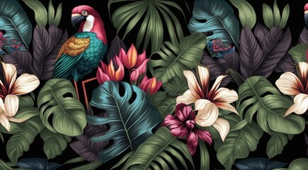 Tropical exotic seamless pattern with birds, monstera, hibiscuc, bromeliad, banana leaves, palm, colocasia. Hand-drawn 3D illustration. Good for production wallpapers, Generative AI