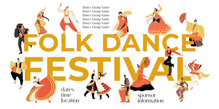 Ethnic and cultural diversity. Folk dance festival banner template with collection of people in traditional costumes from different countries. Isolated characters