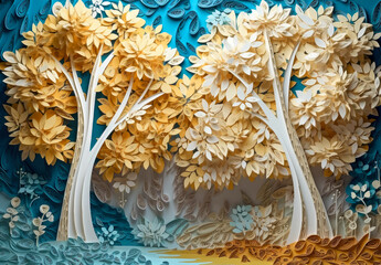 3d wallpaper abstract of colorful floral tree decor, red and sephia fantasy background. Decorative wall art. Generative AI