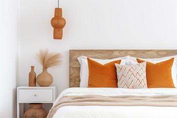 modern interior orange pillow bed fall lamp design frame decor home. Generative AI.