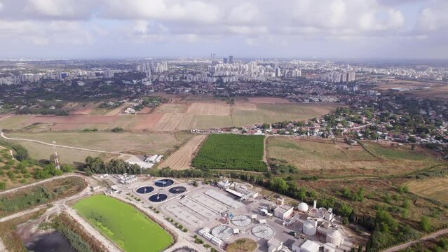 Agricultural fields near the town of Hod Hasharon, Israel. Shooting from a drone.