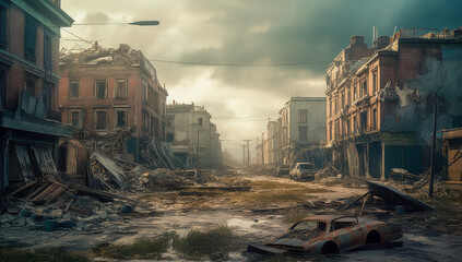 A desolate and abandoned city street in a post-apocalyptic world. Generative AI