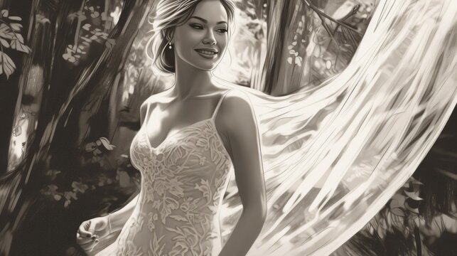 Ink drawing of Happy bride in wedding dress smiling in garden wedding first person view high definition beautiful cinematic lighting, Generative AI