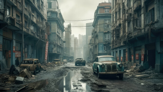 A post-apocalyptic street scene with abandoned cars and ruins. Generative AI