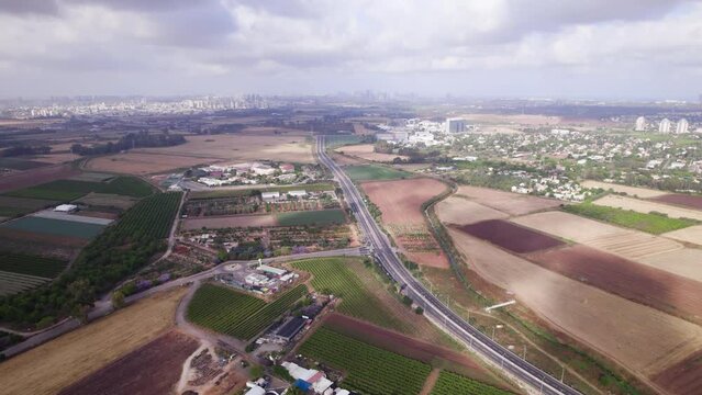 Agricultural fields near the town of Hod Hasharon, Israel. aerial photography