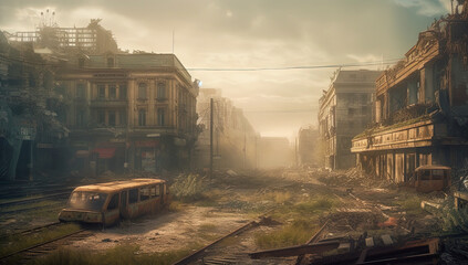 A desolate city street with a train passing through in a post-apocalyptic setting. Generative AI