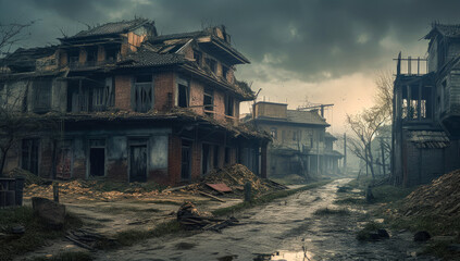 Obraz premium A desolate post-apocalyptic city street in ruins during the day. Generative AI