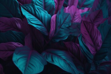 purple exotic plant layout tropical night leaf background neon art jungle. Generative AI.