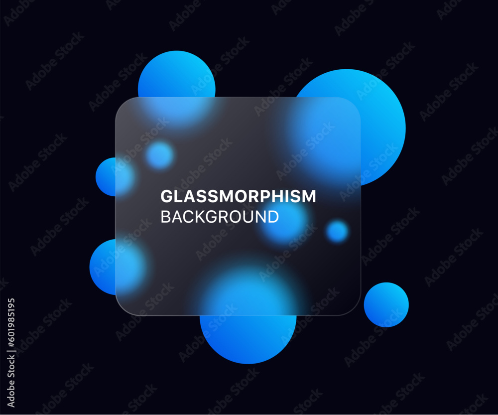 Poster glassmorphism background banner with transparent glass frame template . Realistic Frosted glass morphism effect with blurred abstract gradient blue circle shapes. Vector illustration