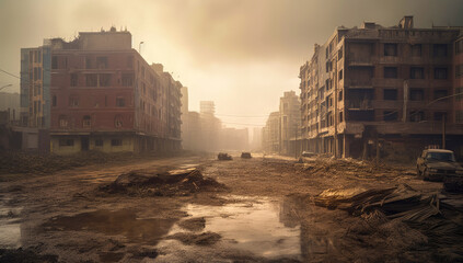 A grimy urban street with a murky puddle in the center. Generative AI