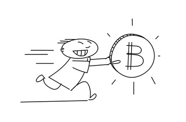 A happy man runs with a bitcoin coin in his hands. Simple vector doodle illustration. Linear contour drawing by hand.