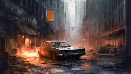 An abandoned car on a desolate street after a catastrophic event. Generative AI