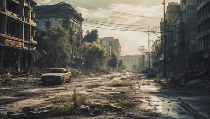 A post-apocalyptic street scene with an abandoned car. Generative AI - obrazy, fototapety, plakaty