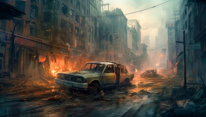 Obraz na płótnie Canvas A lone car abandoned in a desolate post-apocalyptic street. Generative AI
